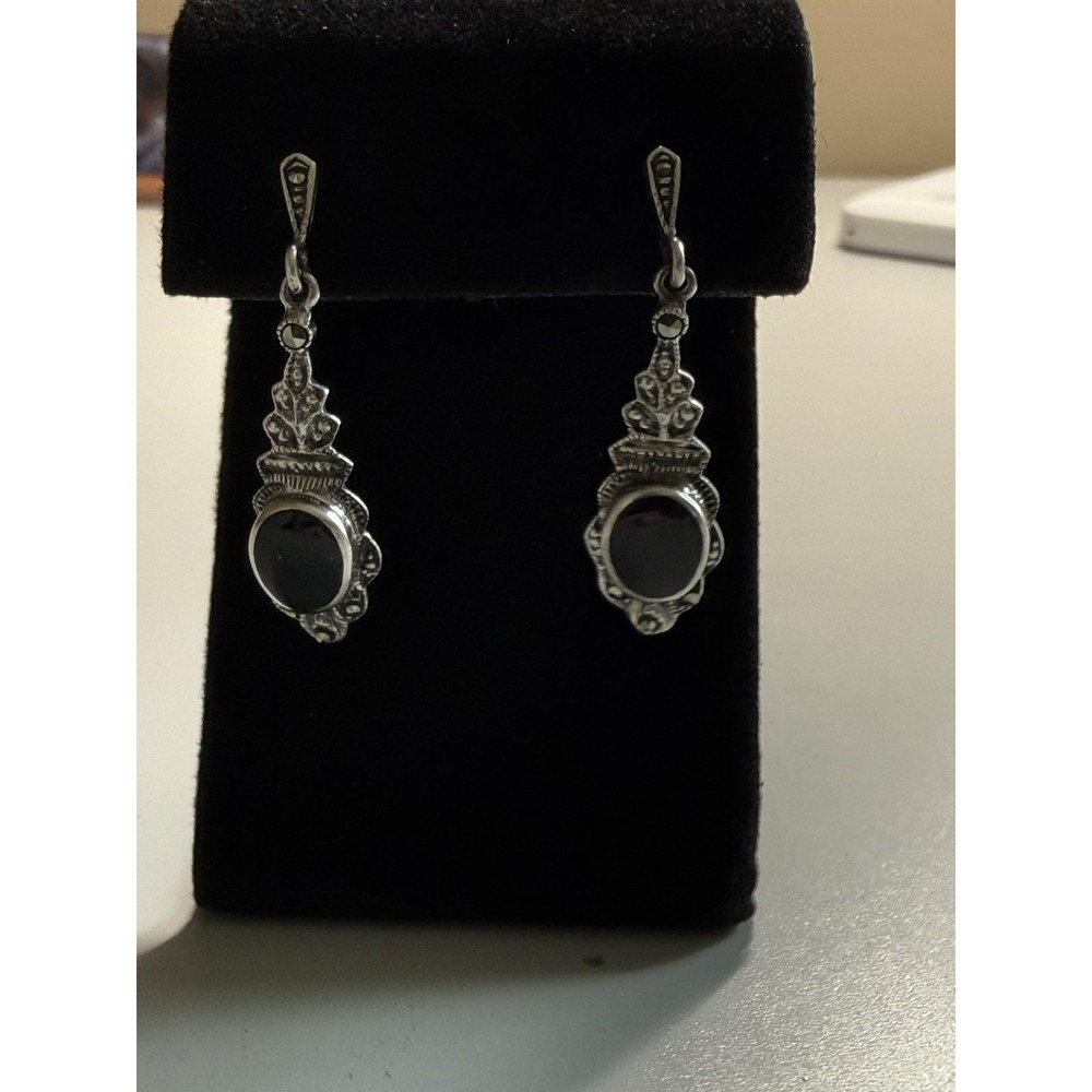 Vintage 925 Sterling Silver Marcasite Black Onyx Pierced Dangle Drop Earrings